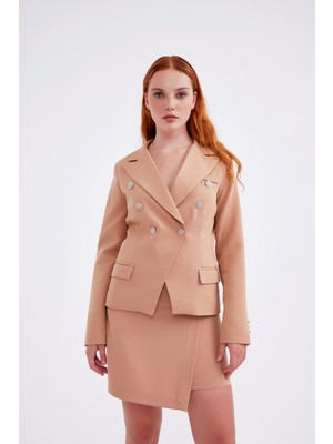 Sateen Kruvaze Düğme Detaylı Etek - Camel
