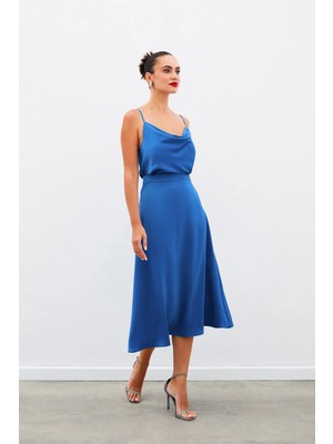 Sateen Midi Boy Saten Etek - İndigo