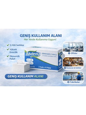 Akdeniz Dispenser Z Havlu 2 Katlı 12 Paket | %100 Selüloz | Ekonomik Z Katlı Kağıt Havlu