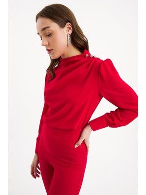 Sateen Düğmeleri Taş Detaylı Bluz - Kırmızı