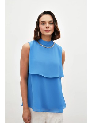 Sateen Aksesuar Detaylı Volanlı Bluz - Mavi