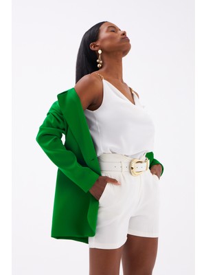 Sateen Degaje Yaka Zincir Askılı Bluz - Ekru