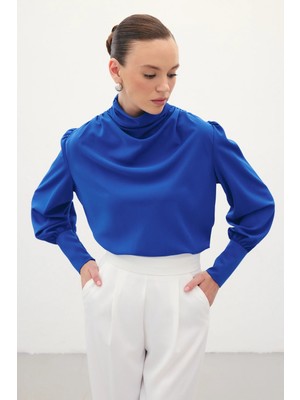 Sateen Drape Detaylı  Bluz - Sax Mavi