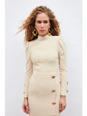 Sateen Düğme Detaylı Crop Bluz - Bej