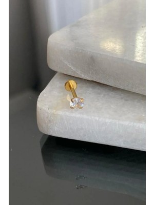 Jaida Moda Unisex Gold Cerrahi Çelik Şeffaf Yuvarlak Taşlı Tragus Labret Helix Piercing