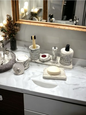 Feyza Design 7'li Mermer Banyo Seti, Sıvı Sabunluk ve Diş Fırçalığı Aksesuarları