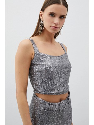 Sateen Payetli Crop Bluz - Gümüş