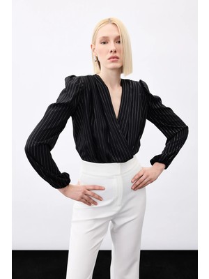 Sateen Parlak Çizgili Bodysuit Bluz - Siyah