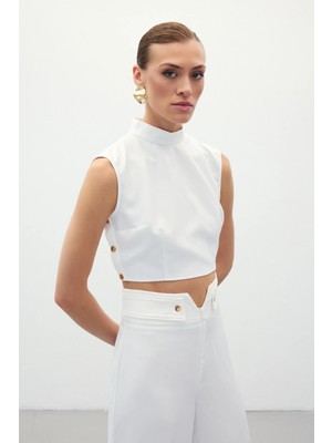 Çıt Çıt Detaylı Crop Bluz - Ekru