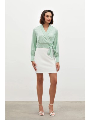 Sateen Yan Kuşaklı Saten Bluz - Mint