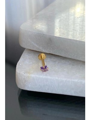 Jaida Moda Unisex Gold Cerrahi Çelik Kare Mor Taşlı Tragus Labret Helix Piercing