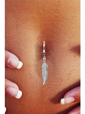 Jaida Moda Kadın Gümüş Sıkıştırmalı Tüy Figür Sallantılı Çelik Göbek Piercing