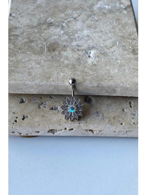 Jaida Moda Kadın Gri Çiçek Motifli Zirkon Taşlı Çelik Göbek Piercing