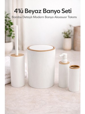 Feyza Design Modern 4 Parça Banyo Aksesuar Seti, Beyaz Bambu Detaylı, Şık Tasarım