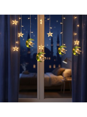 Bsre Yeşil Hilal Cami Yıldızlı Ramazan Temalı Perde LED Işık - 3 mt Fişli