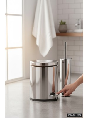 Feyza Design Paslanmaz Banyo Çöp Kovası ve Tuvalet Fırçası Seti, Şık ve Kullanışlı