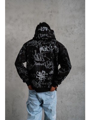 Glam Love Baskılı Kapüşonlu Ribanalı Sweat - Siyah