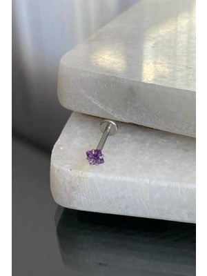 Jaida Moda Gümüş Cerrahi Çelik Kare Mor Taşlı Tragus Labret Helix Piercing Şıklığı