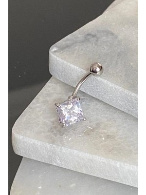 Jaida Moda Kadın 316L Cerrahi Çelik Zirkon Taşlı Kare Göbek Piercing