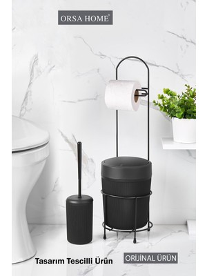 Feyza Design Siyah Yuvarlak Kovalı Wc Kağıtlık ve Tuvalet Fırça Seti