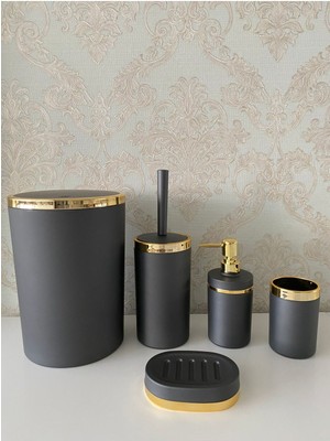 Feyza Design Şık Antrasit Gold Mat Banyo Seti – Wc Fırçalık, Sabunluk, Çöp Kovası, Diş Fırçalık