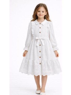 Tarz Çocuk Kız Çocuk Beyaz Fisto Işlemeli Uzun Kollu Kuşaklı Elbise – Düğmeli Pamuklu Baharlık / Özel Gün Elbisesi