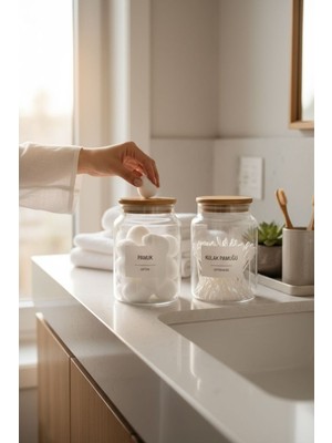 Feyza Design Douai 2’li Cam Banyo Seti, Bambu Kapak, 800 Ml, Pamuk ve Kulak Pamuğu Kavanozları