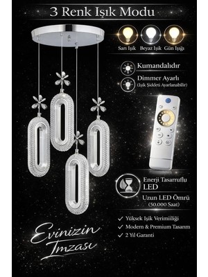 SERRA 4LÜ KROM 3 Renk LED ISIKLI SALON MUTFAK  OTURMA ODASI ANTRE  AVİZE