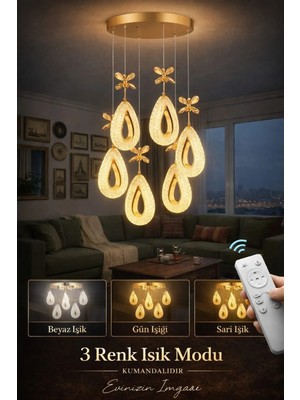 Damla-6li GOLD 3 Renk LED ISIKLI SALON MUTFAK  OTURMA ODASI ANTRE  AVİZE