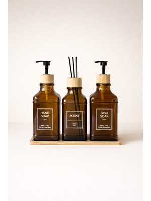 Feyza Design Bambu Standlı Amber Cam Sıvı Sabunluk ve Ortam Koku Seti 3 Parça