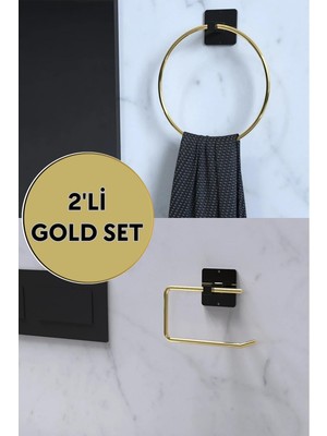 Feyza Design Altın Renk Yuvarlak Havluluk ve Tuvalet Kağıdı Seti, Çember Askılıkli