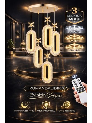 SERRA 5Lİ GOLD 3 Renk LED ISIKLI SALON MUTFAK  OTURMA ODASI ANTRE  AVİZE