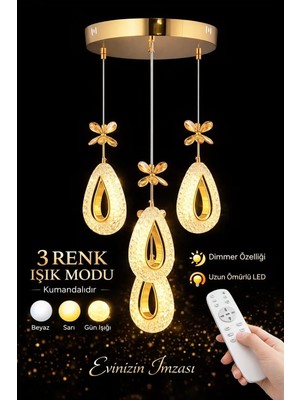 Damla-4lu-GOLD 3 Renk LED ISIKLI SALON MUTFAK  OTURMA ODASI ANTRE  AVİZE