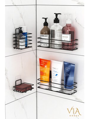 Feyza Design Yapışkanlı Siyah 4’lü Banyo Seti: Şampuanlık, Raf, Sabunluk, Diş Fırçalık
