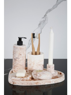 Feyza Design 6 Parça Mermer Desenli Banyo Seti, Katı ve Sıvı Sabunluk, Mumluk, Tütsülük, Diş Fırçalığı