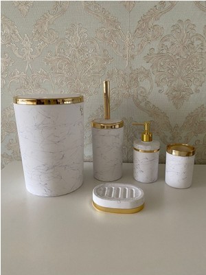 Feyza Design Mermer Desenli Mat Banyo Seti (5 Parça) Wc Fırçalık, Sabunluk, Çöp Kovası
