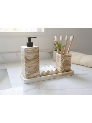 Feyza Design Mermer Desenli 3'lü Banyo Seti, Sıvı Sabunluk ve Diş Fırçalığı Takımı