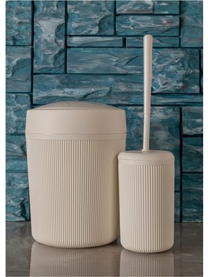 Feyza Design Pratik Kapaklı Çizgili 2'li Banyo Çöp Kutusu ve Fırça Seti