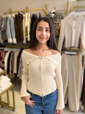 Myzen Kadın İnci Krem Fermuarlı Geniş Yaka Triko Hırka