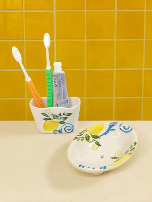 Feyza Design El Yapımı Seramik 2’li Banyo Seti, Limon Desenli Sabunluk ve Diş Fırçalık