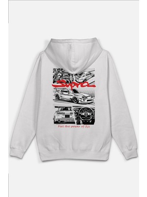 Overoz Supra 2jz Racing Car Araba Sırt Baskılı Kapüşonlu Yarı Oversize Sweatshirt Beyaz Hoodie 1209