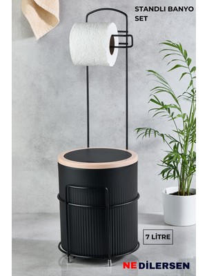 Feyza Design Şık Metal Standlı Banyo ve Mutfak Çöp Kovası Seti