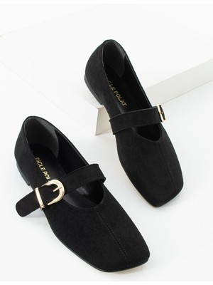 Kadın Siyah Süet Kare Burun Tokalı Babet Mary Jane Ayakkabı Velona