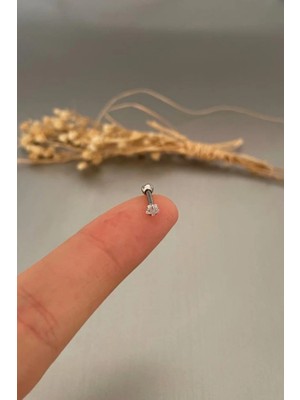 Jaida Moda Unisex Gümüş Renk Yıldız Zirkon Taşlı Tragus Helix Piercing 6mm