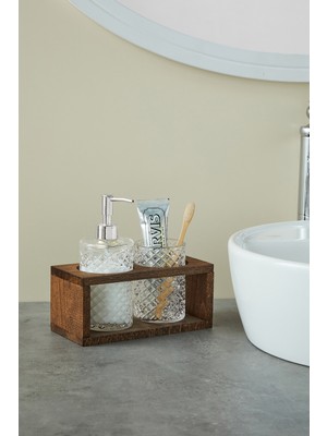 Feyza Design Şık Ahşap Çerçeveli Cam Sıvı Sabunluk ve Diş Fırçalık Banyo Seti