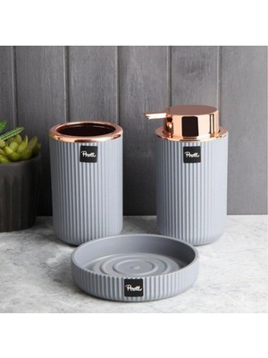 Feyza Design Akrilik Banyo Seti 3 Parça, Fırçalık ve Sabunluk, Modern Gri Rose Renk