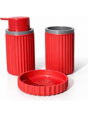 Feyza Design Kırmızı 3 Parça Lüks Banyo Aksesuar Seti, Şık ve Şeffaf Tasarım