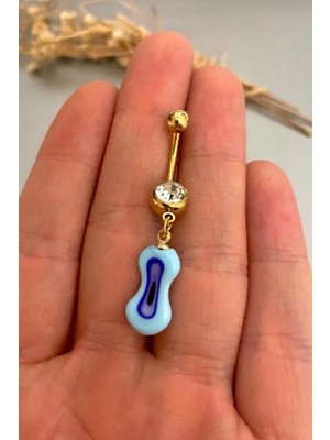 Jaida Moda Kadın Gold Turkuaz Cam Nazar Boncuklu Çelik Göbek Piercing