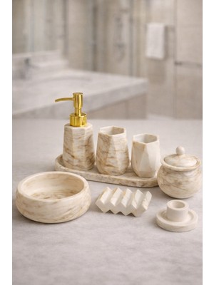 Feyza Design Modern Beton Mermer Görünümlü 8'li Banyo Aksesuar Seti