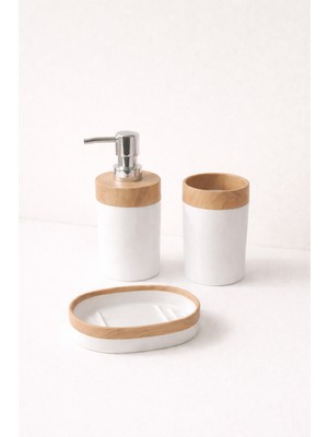 Feyza Design Şık Ahşap Detaylı 3 Parça Plastik Banyo Seti, Sabunluk, Diş Fırçalık, Sıvı Sabunluk